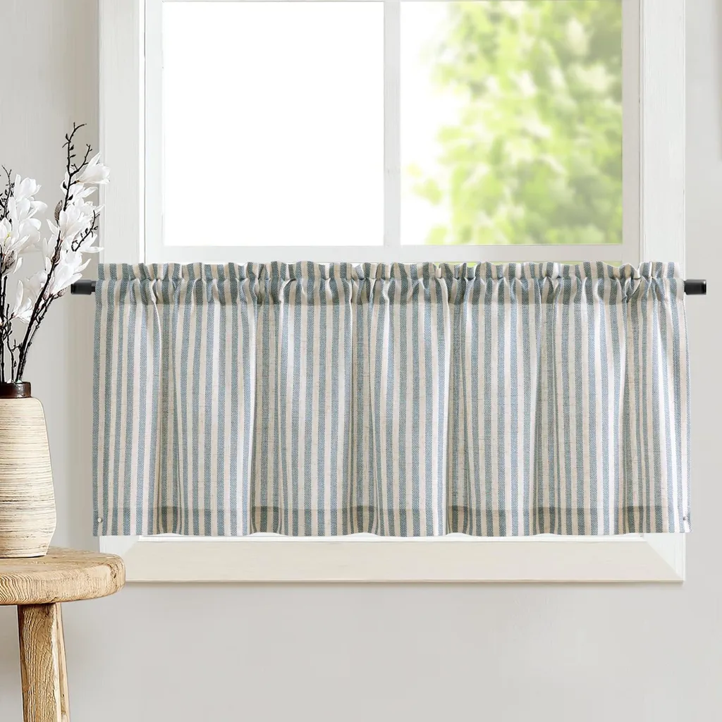 Brise-bise moderne en lin à rayures, rideau court 40x125 cm bleu et beige