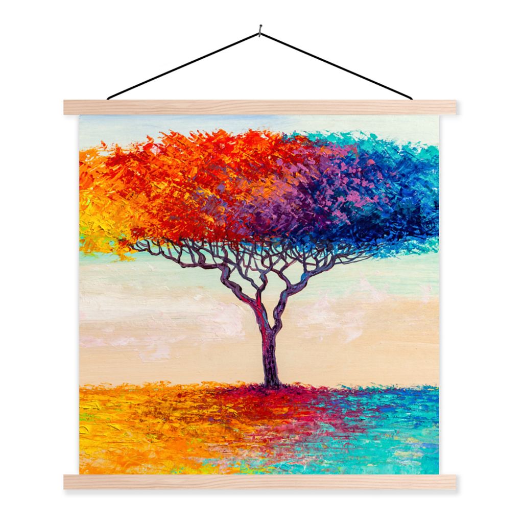 MuchoWow Textilposter Gemälde - Ölfarbe - Baum - Regenbogen 40x40 cm mit holzfarbenen Rahmen - Posterleiste