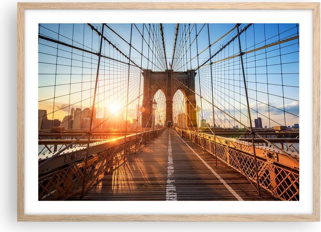 Gerahmtes Poster - Rahmen in heller Eiche - New York Brücke - 70x50 cm - Wand Bild - Wanddeko - Wandbilder - Kunstposter - Wandposter - Bilderrahm...