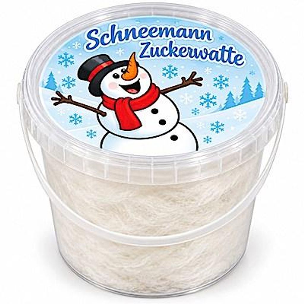 Schneemann Zuckerwatte im Eimer – weiß, natürliche Süße, Produktbild 
