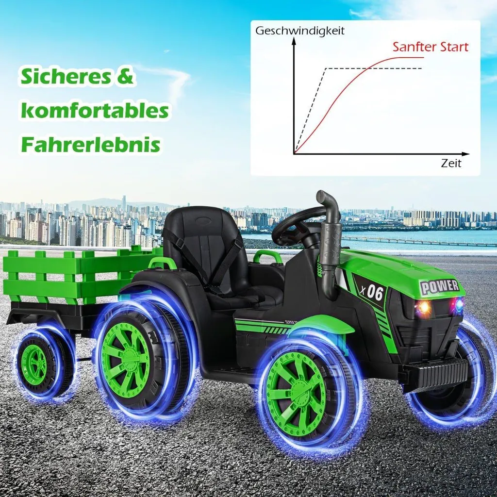 Véhicule agricole électrique 24V pour enfant vert avec benne arrière