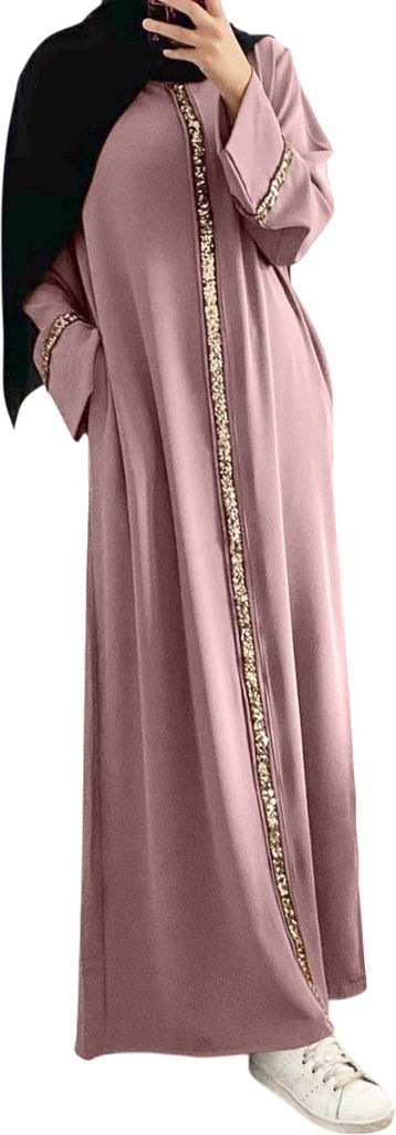 ASKSA Damen Muslimische Kleider Langarm Islamische Tuerkische Ramadan Ganzkoerper Lang Gebetskleid (Rosa,XL)