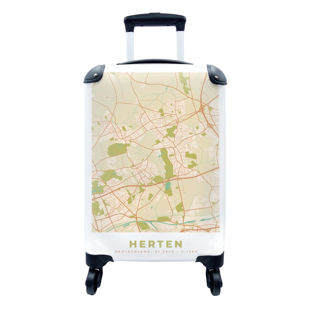 MuchoWow Koffer Handgepäck Trolley Rollkoffer Kleine Reisekoffer mit 4 Rollen - Stadtplan - Hirsche - Karte - Vintage - Cabin Size < 55x40x23 cm...