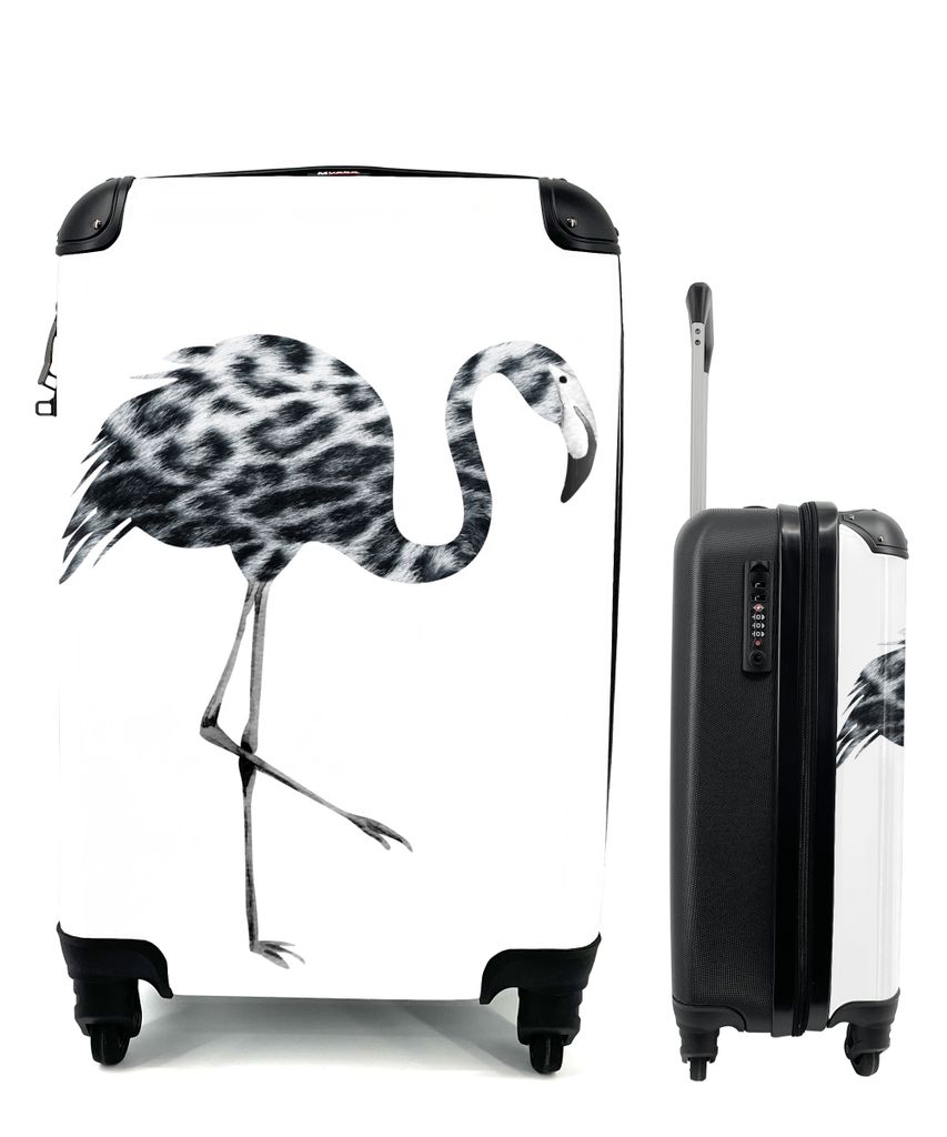 MuchoWow Koffer Handgepäck Trolley Rollkoffer Kleine Reisekoffer mit 4 Rollen - Flamingo - Schwarz und weiß - Pantherdruck - Cabin Size < 55x40...