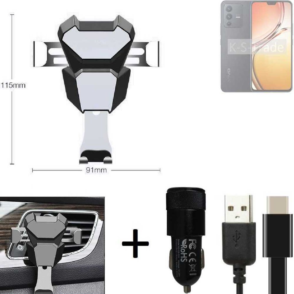 K-S-Trade Lüftungsschlitz Halterung kompatibel mit Vivo V23 5G Lüftungshalterung Lüftungsgitter schwarz-silber Auto-Halterung Smartphone Halter
