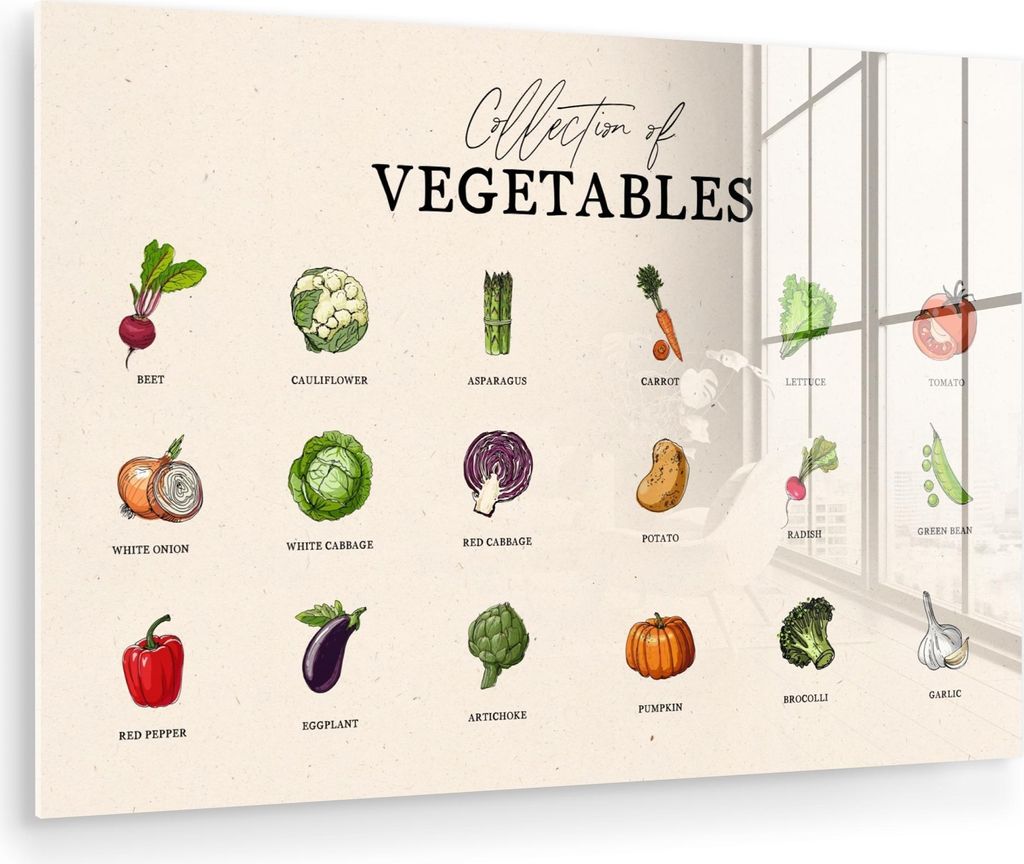 MuchoWow Glasbilder - Bilder auf Wandbild - Foto auf Glas Gemüsesorten - Farbenfroh - Lebensmittel - Vintage - Beige 30x20 cm Wanddekoration aus G...