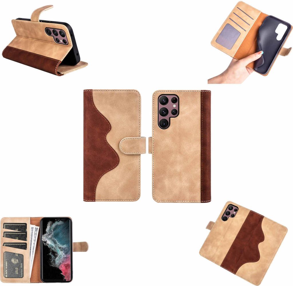 Für Samsung Galaxy S23 Ultra Design Handy Tasche Braun Etuis Kunst-Leder Hülle Cover