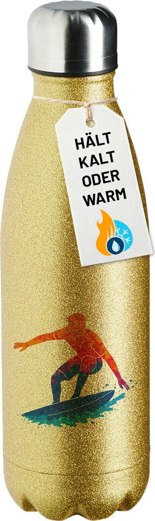 Huuraa Trinkflasche Surfen bunte Silhouette 500ml Gold Edelstahl Wasserflasche Trinkflasche Geschenkidee