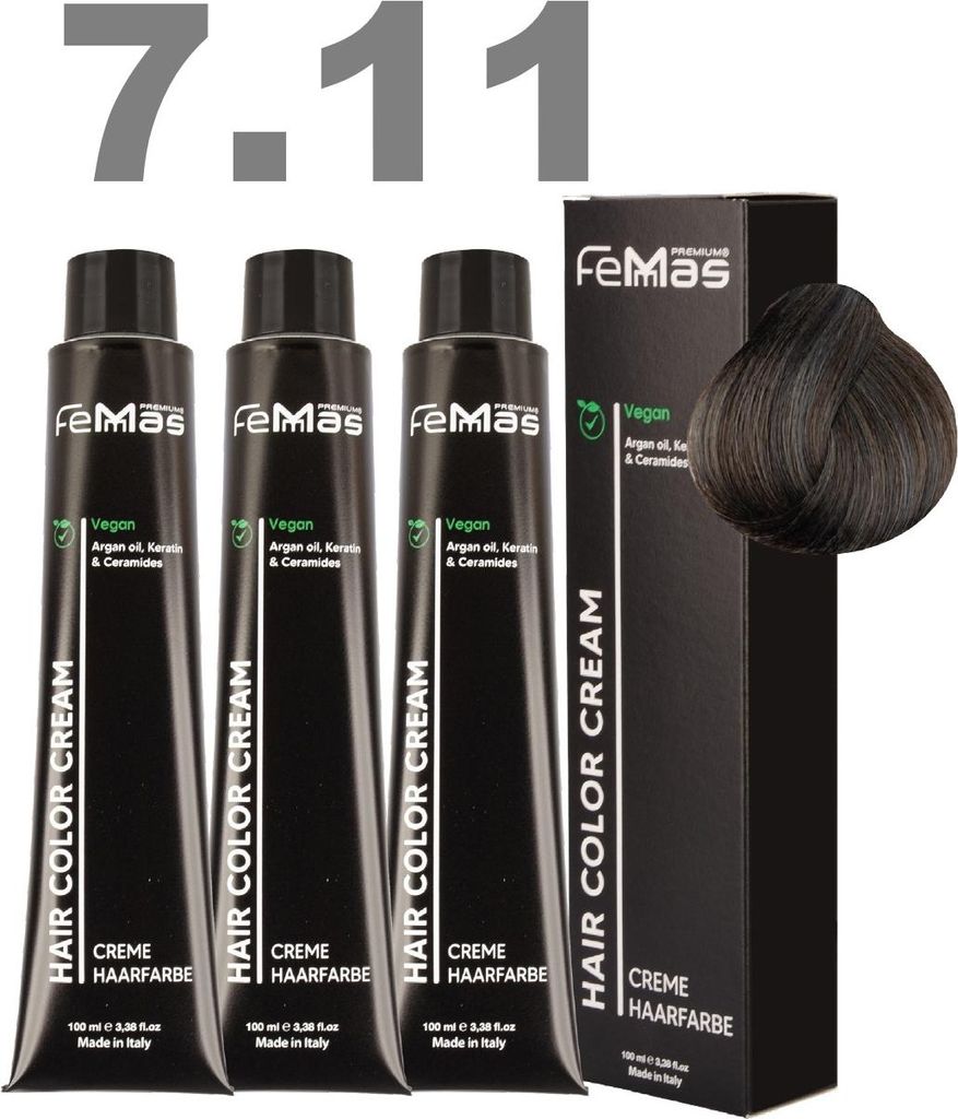 FemMas Haarfarbe mit Arganöl Mittelblond Asch Int. 7.11 I 3 x100 ml