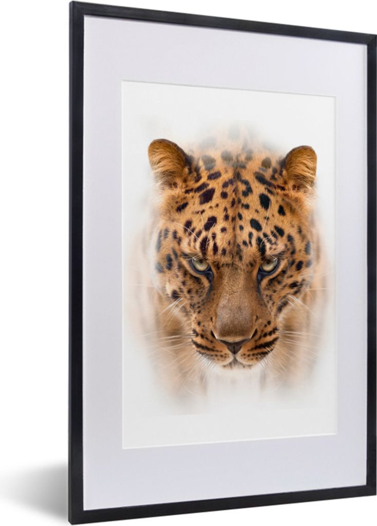 MuchoWow Gerahmtes Poster Leopard - Kopf - Weiß 40x60 cm - Poster mit Schwarzem Bilderrahmen Wandposter Rahmen Foto Bilder - Poster in Rahmen