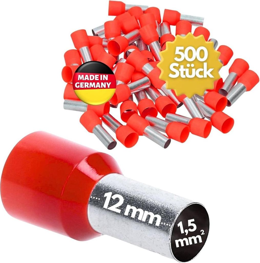 500 Stück Kalitec AE1512RT Aderendhülsen isoliert 1,5mm² 12mm lang I Germany I Industriequalität