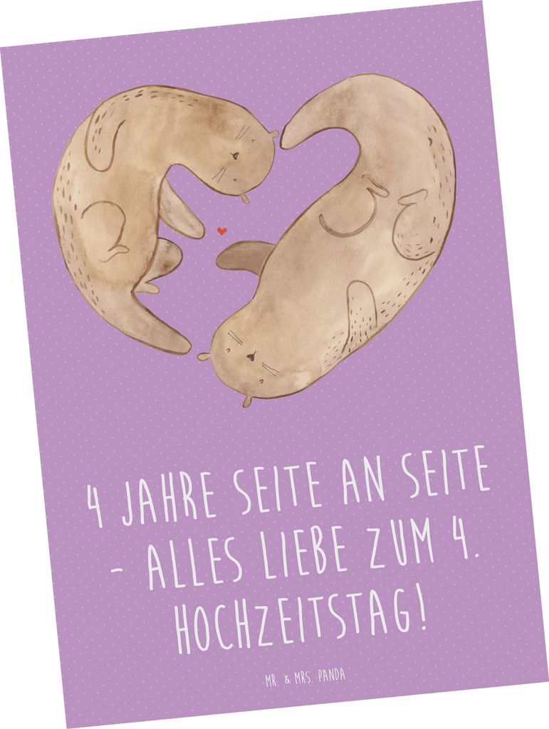 Mr. & Mrs. Panda Postkarte 4. Hochzeitstag Seidenhochzeit - Lavendeltraum - Geschenk, Geschenke, 4 Jahre Seite an Seite, Ansichtskarten, Heirat, Er...