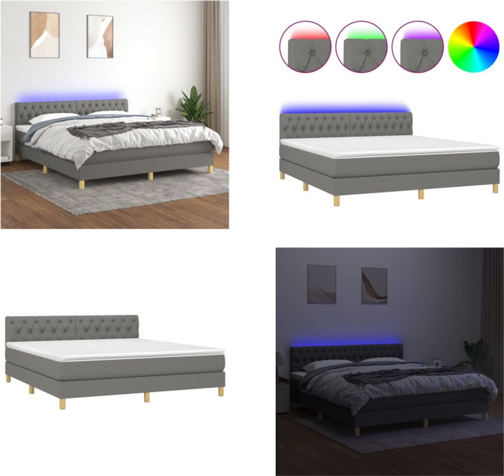 vidaXL Boxspringbett mit Matratze & LED Dunkelgrau 160x200 cm Stoff - Boxspringbett - Boxspringbetten - Bett - Schlafzimmermöbel