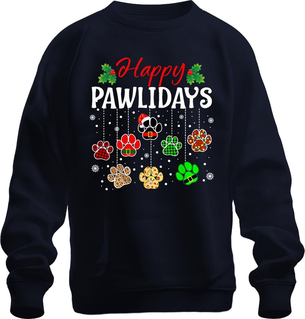Happy Pawlidays Hunde Katzen Weihnachten Pfoten Geschenk Lustig Uni Sweatshirt Pullover, Navy, M