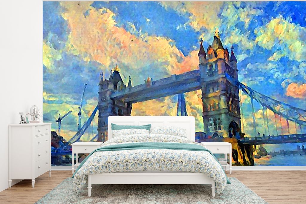 MuchoWow Fototapete für Wohnzimmer oder Schlafzimmer Wandtapete Vinyl Motivtapete Gemälde - London - Brücke - Öl - 350x260 cm - Wohnzimmer-Ta...