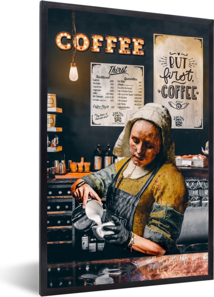 MuchoWow Gerahmtes Poster Milchmädchen - Barista - Kaffee - Vintage - Kunst - Abstrakt - Malerei - Alte Meister 60x90 cm - Poster mit Schwarzem ...