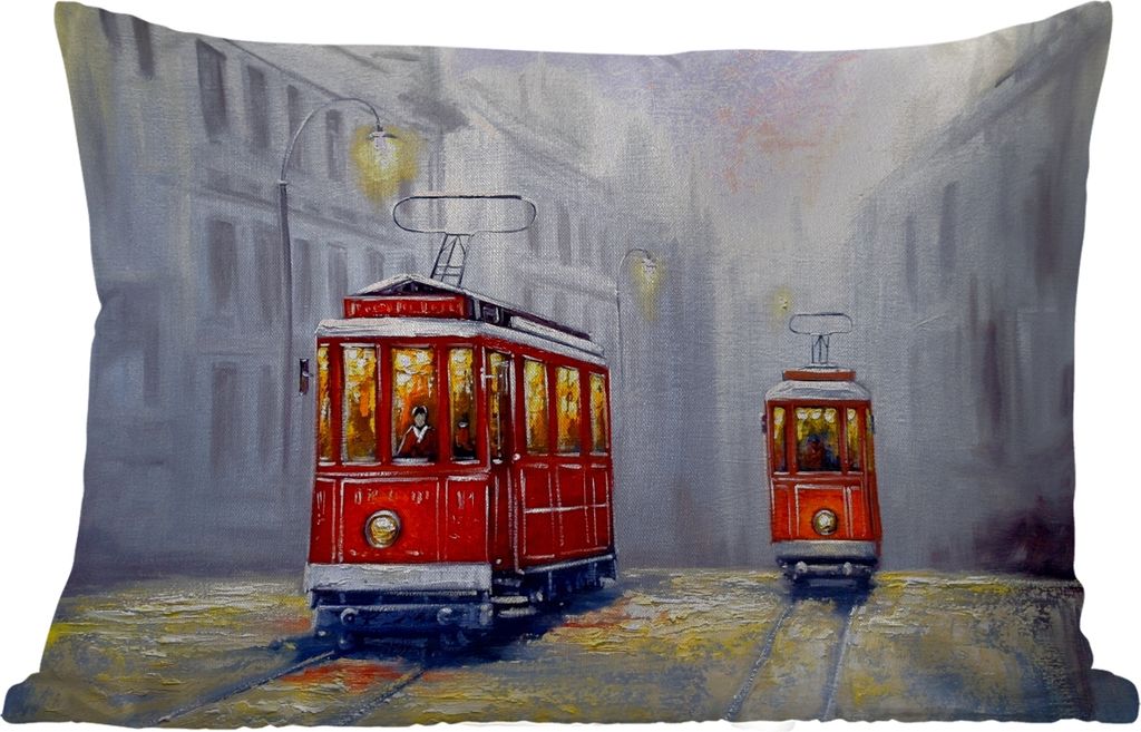 MuchoWow Outdoor Kissen - Gemälde - Straßenbahn - Stadt - Öl - 60x40 cm - Wetterfest - Lounge Kissen - Zierkissen - Kissen für Innenräume