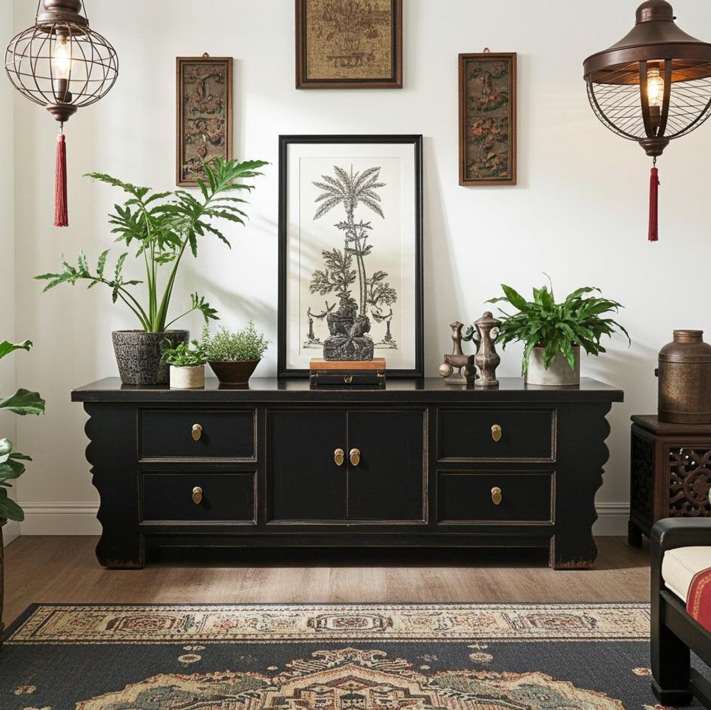 Lowboard Sideboard Kommode Schrank Möbel asiatisch orientalisch chinesisch Büffet Anrichte schwarz China Shabby Chic Vintage Holz