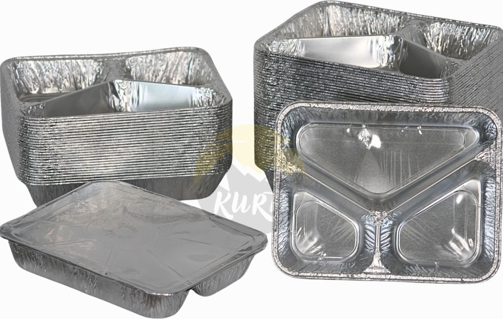 KURTT - 100 Stück Aluminiumschale dreiteilig mit Aluminiumdeckel - Menüschale 3 Fach Aluminium - Prep Meal, Fitness, Mahlzeit, Aluminiumbehälter
