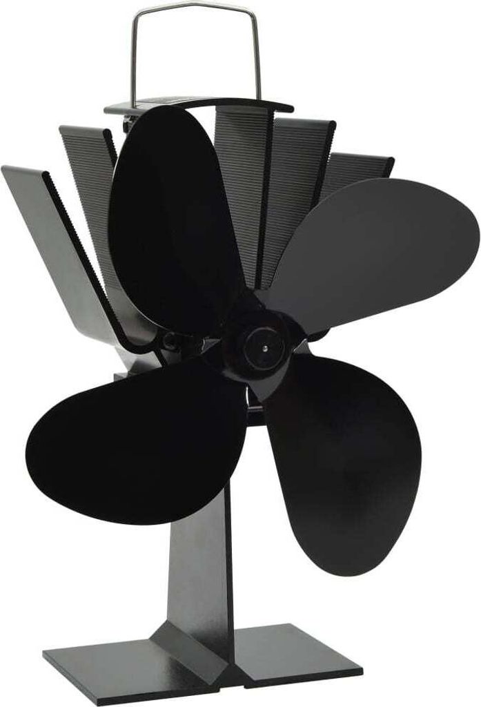 A black stove fan with four blades is shown against a white background.