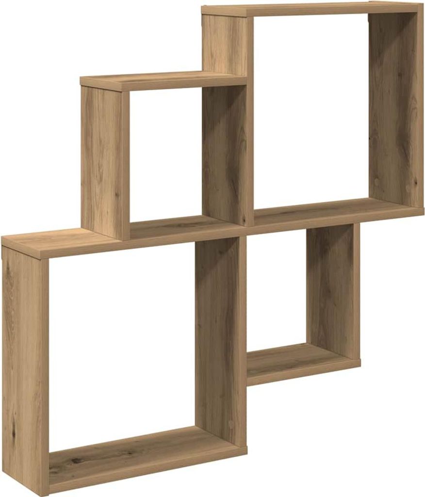 A wooden wall shelf with multiple cubbies, shown against a white background.