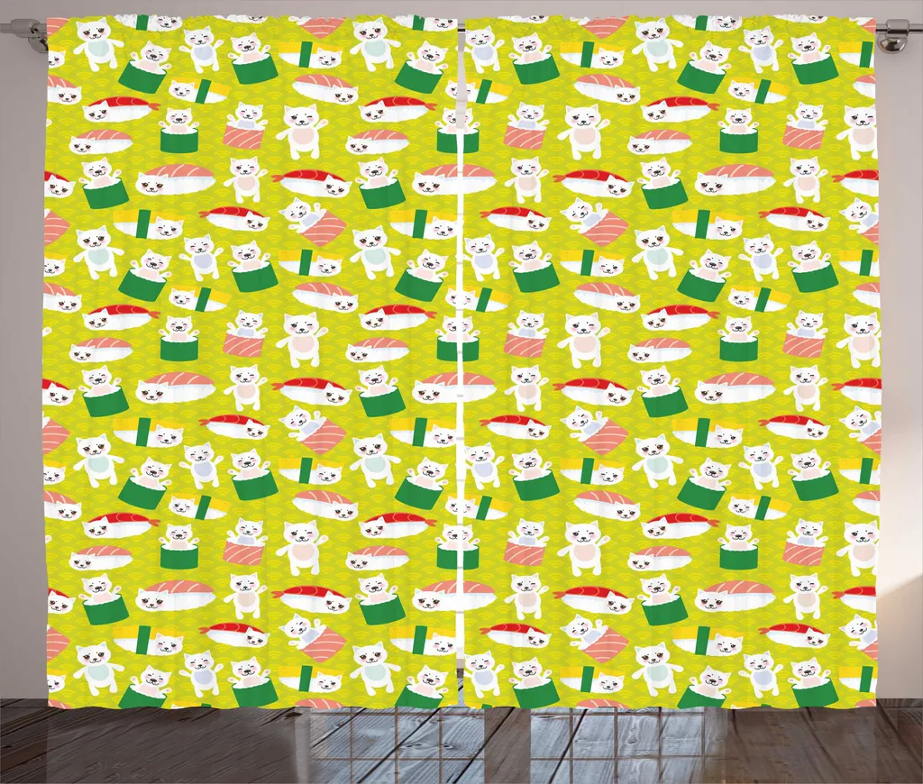 Rideau de Chambre Enfant et Salon Chat Sushi 280x225cm Facile à Poser