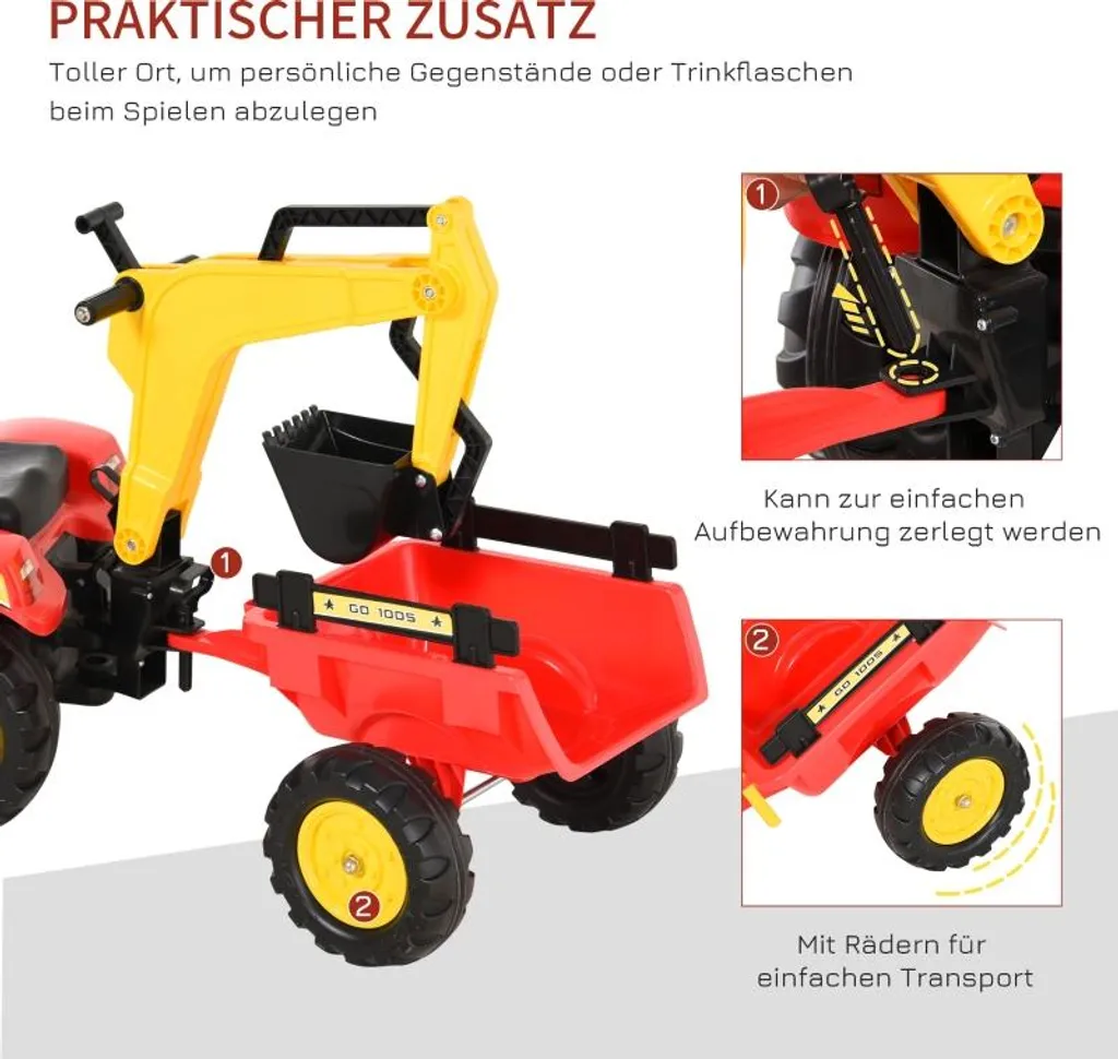 Tracteur à pédales avec chargeur frontal et pelle réglable pour enfant