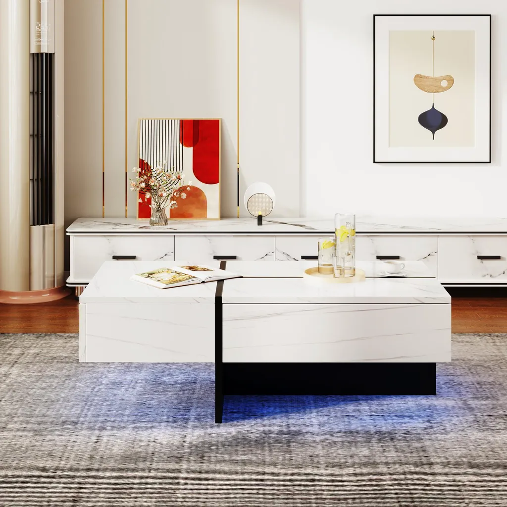 Table Basse LED Multicolore avec Tiroirs Pratiques - Design Blanc MDF - 9