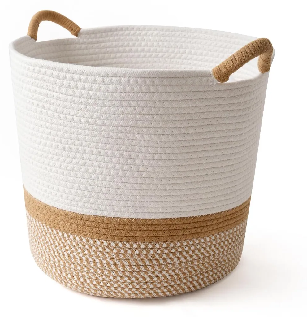 Panier de rangement salle de bain et chambre enfant en coton blanc 40L