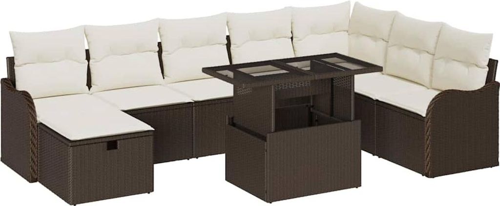 vidaXL Garten-Sofa-Set mit Kissen mit Speicher 9 pcs Braun Poly Rattan
