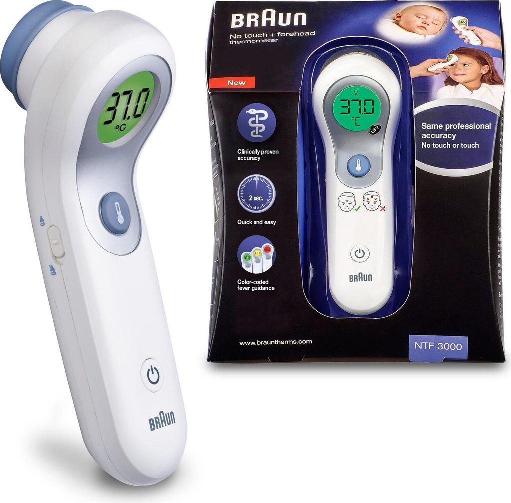 A Braun No Touch + Forehead Thermometer is shown next to its packaging, which displays product features and images of children using the thermometer.