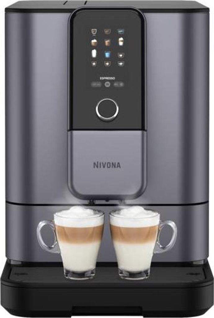 A Nivona coffee machine with two cups of coffee in front of it.