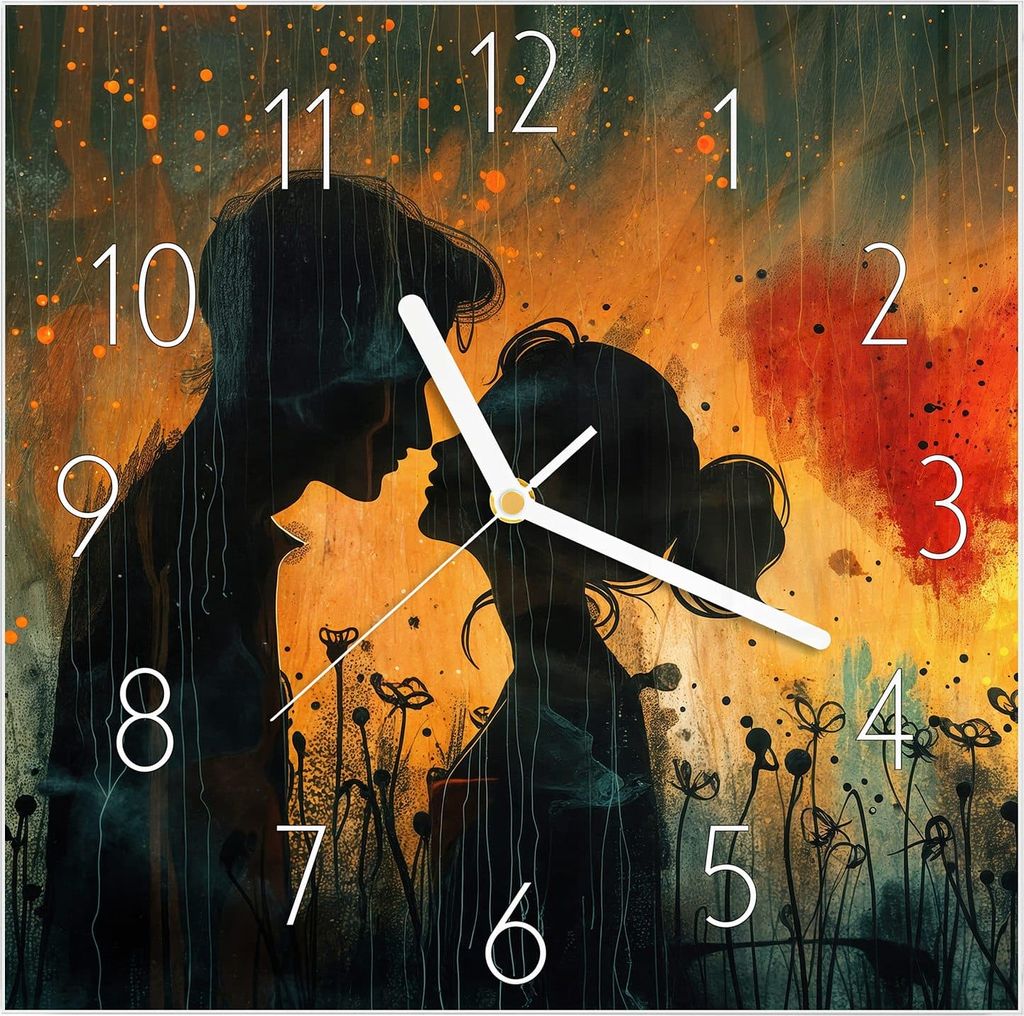 Wanduhr aus Glas mit Motiv Liebespaar im Regen- 30 x 30 cm - inkl. Aufhängesystem