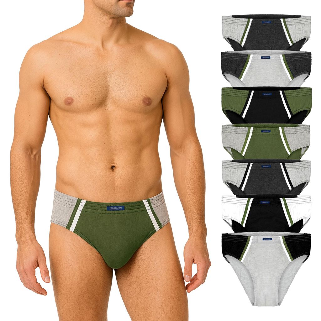 BRUBAKER 7er Pack Herren Sportslips - Farbige Slips aus Baumwolle - Retro Unterhosen ohne Eingriff, Farbmix Oliv Schwarz Grau Weiß, Größe L
