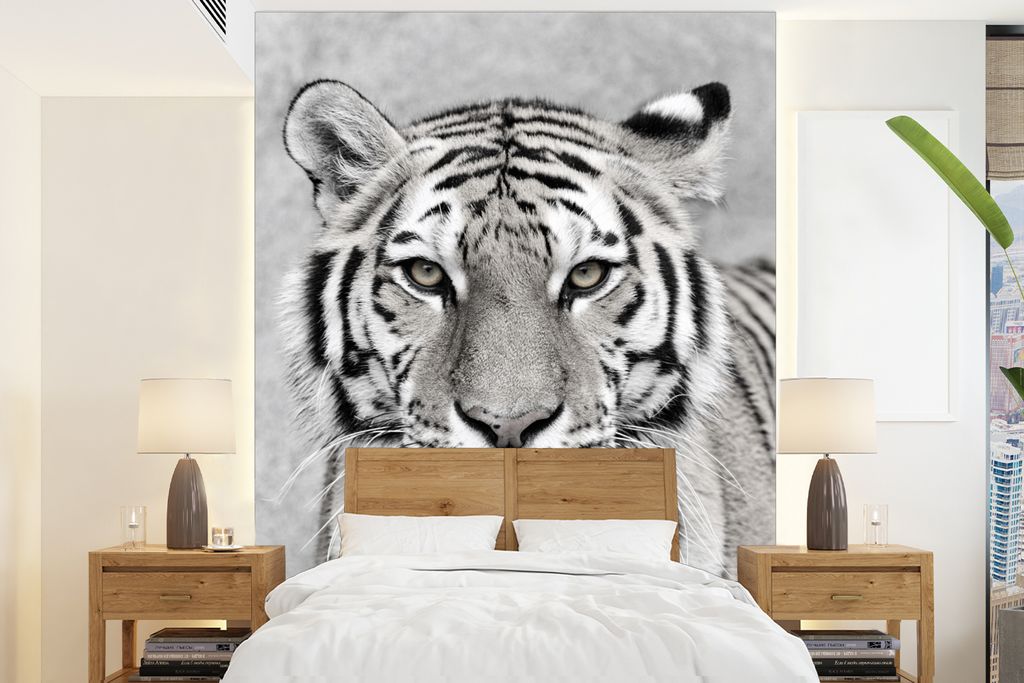 MuchoWow Fototapete für Wohnzimmer oder Schlafzimmer Wandtapete Vinyl Motivtapete Tiger - Natur - Schwarz - Weiß - 195x260 cm - Wandbild