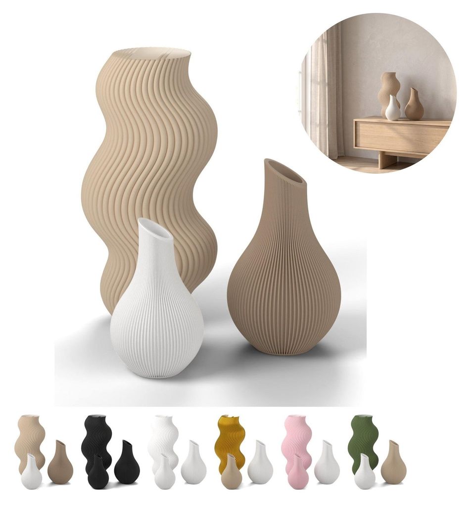 Lot de 3 vases décoratifs en PLA, striés, jusqu'à 18,4 cm, Image du produit 