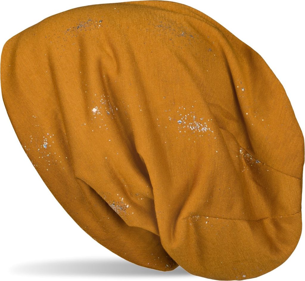 styleBREAKER Damen Beanie Mütze mit Glitzer und Pailletten Punkte, Slouch Stoff Longbeanie 04024145