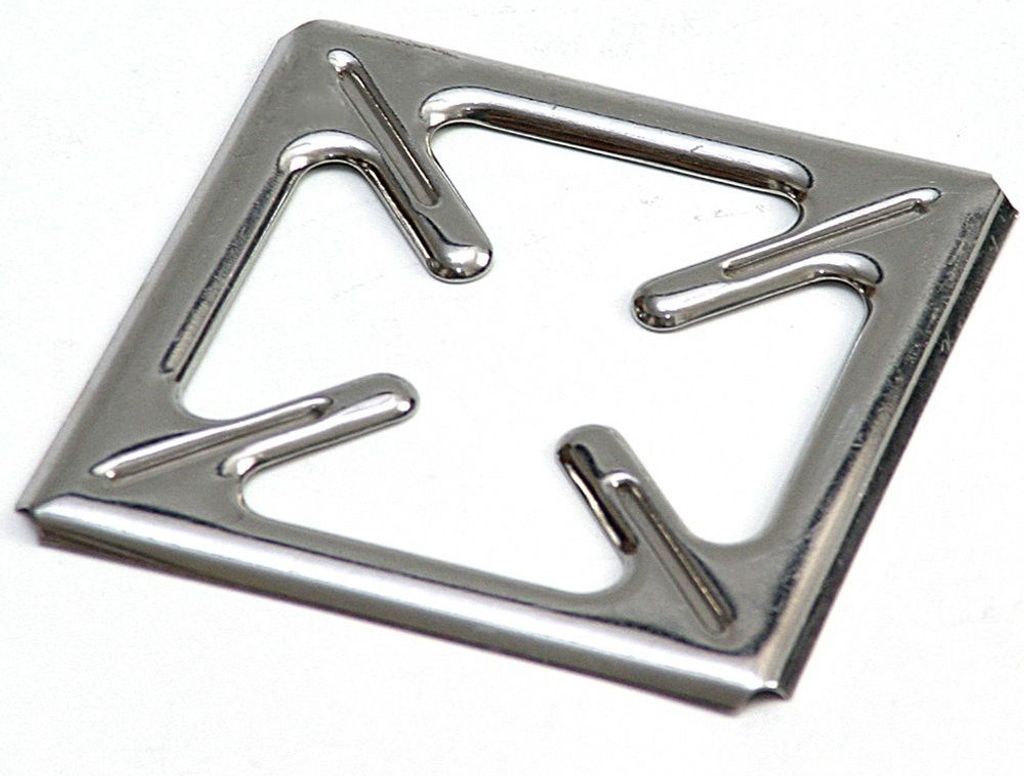 A close-up, studio shot of a silver metal gas stove grate on a white background.