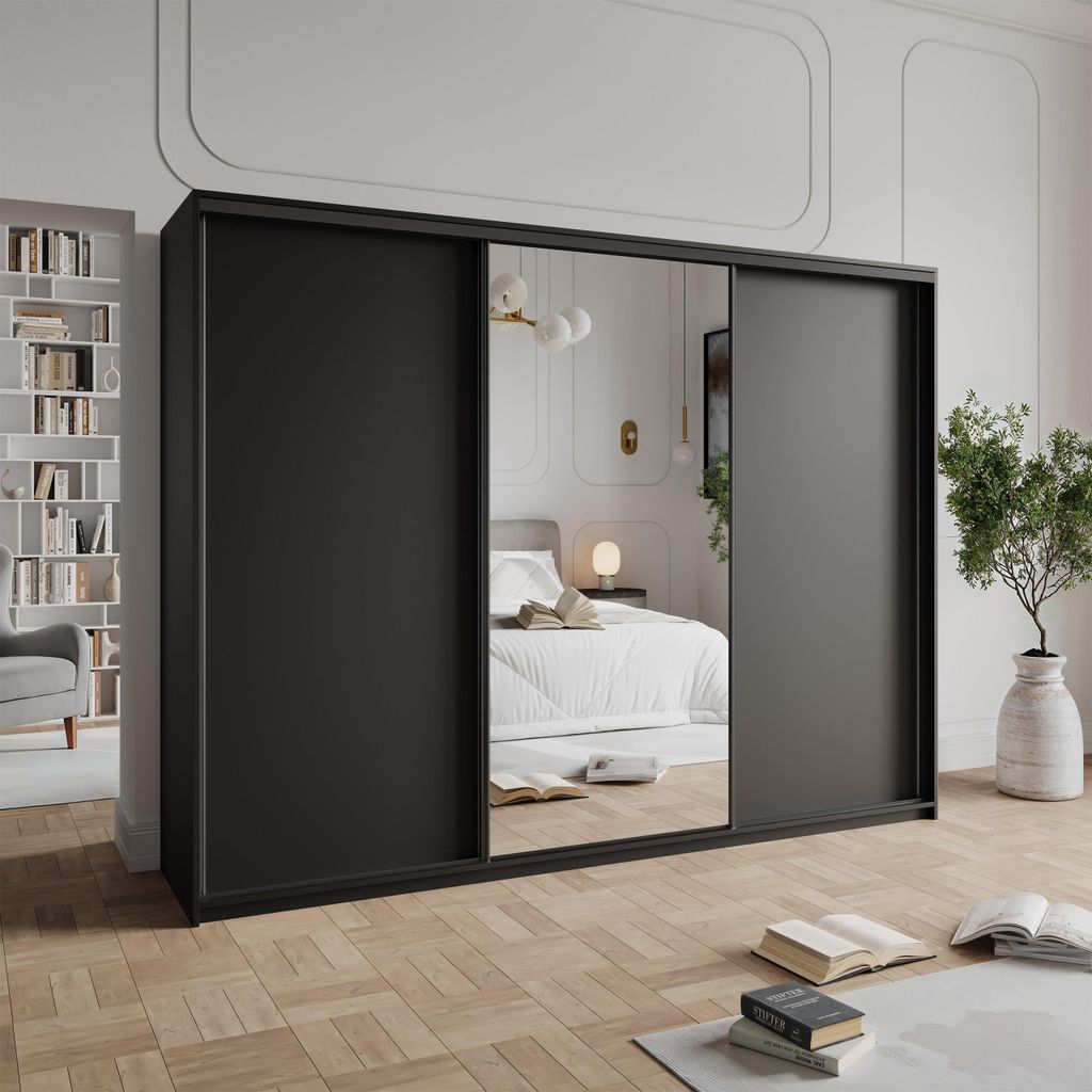 Masseno Schiebetürenschrank TAVI 250/205/60 cm Kleiderschrank mit 4 Schubladen Schlafzimmer Schrank 3-türig mit Spiegel Schwarz