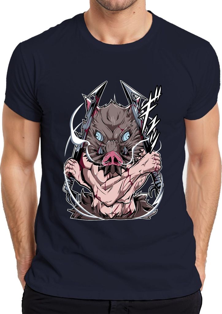 Anime Wildschwein Dämonenjäger Zweiklingen Manga Cosplay Herren T-Shirt, Navy, S