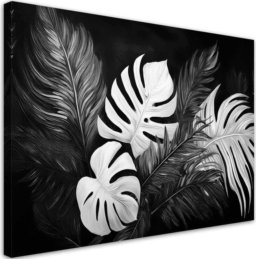 Leinwandbild Monstera-Blätter Schwarz und Weiß 90x60 Feeby Schwarz-Weiß bild für die wand bereit zum aufhängen