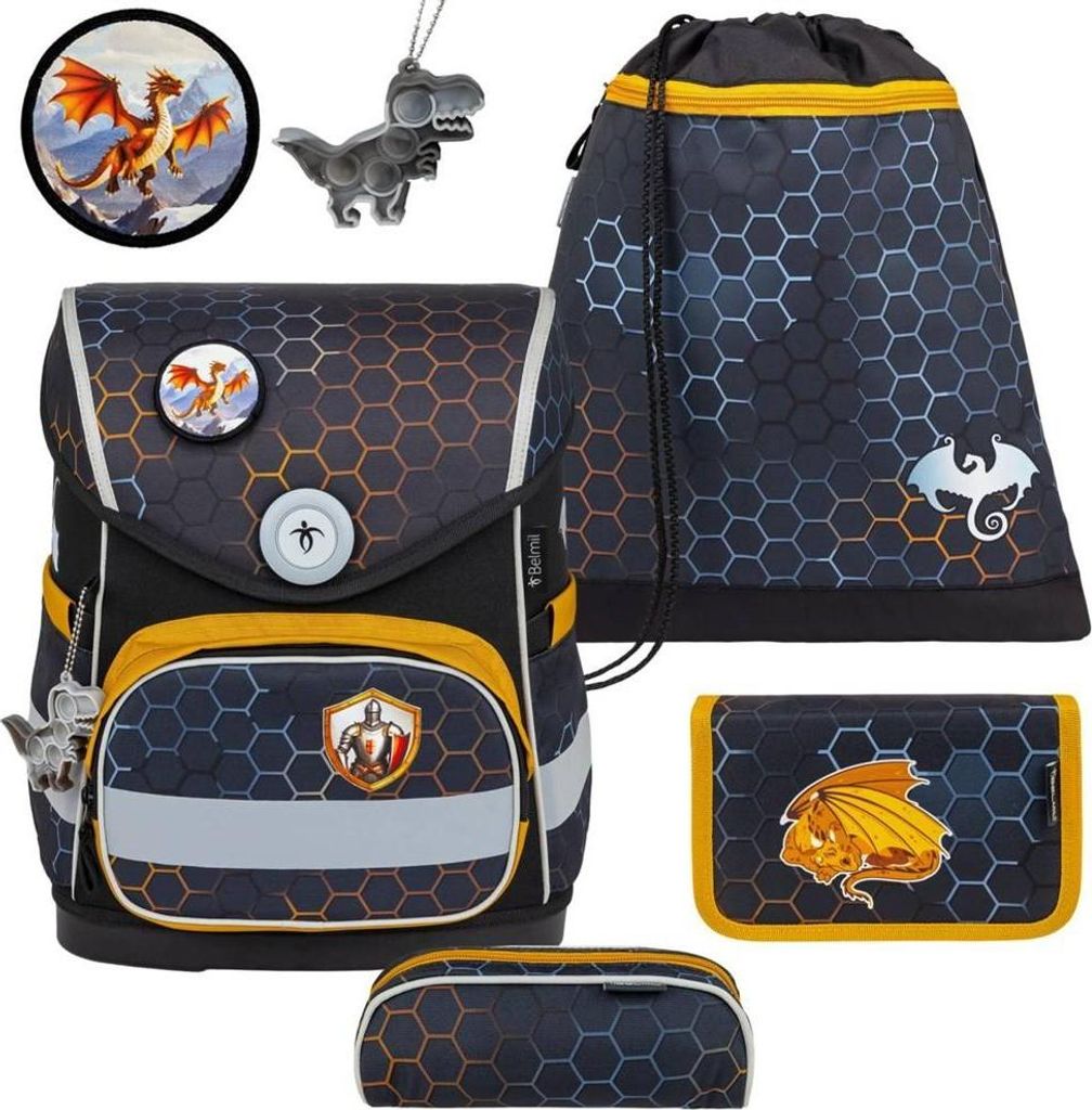 Belmil Compact ergonomisches Schulranzen-Set 5-teilig "Dragon" mit Brustgurt, Magnetverschluss, einem Patch