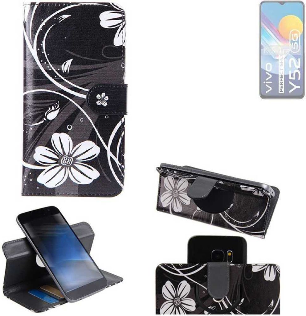 K-S-Trade Schutzhülle Handyhülle kompatibel mit Vivo Y52 5G Hülle 360° Wallet Case “Flowers“ Klapphülle Hülle schwarz-weiß 1x