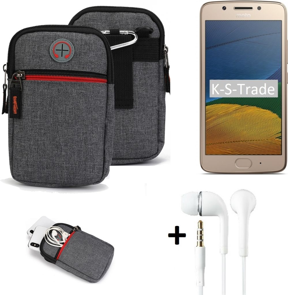 K-S-Trade Gürtel Tasche + Kopfhörer kompatibel mit Motorola Moto G5 Dual-SIM Handy Tasche Holster Schutz Hülle Handy Hülle grau Zusatzfächer 1x