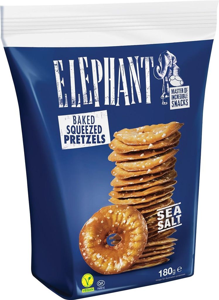A bag of Elephant Baked Squeezed Pretzels with Sea Salt flavor.