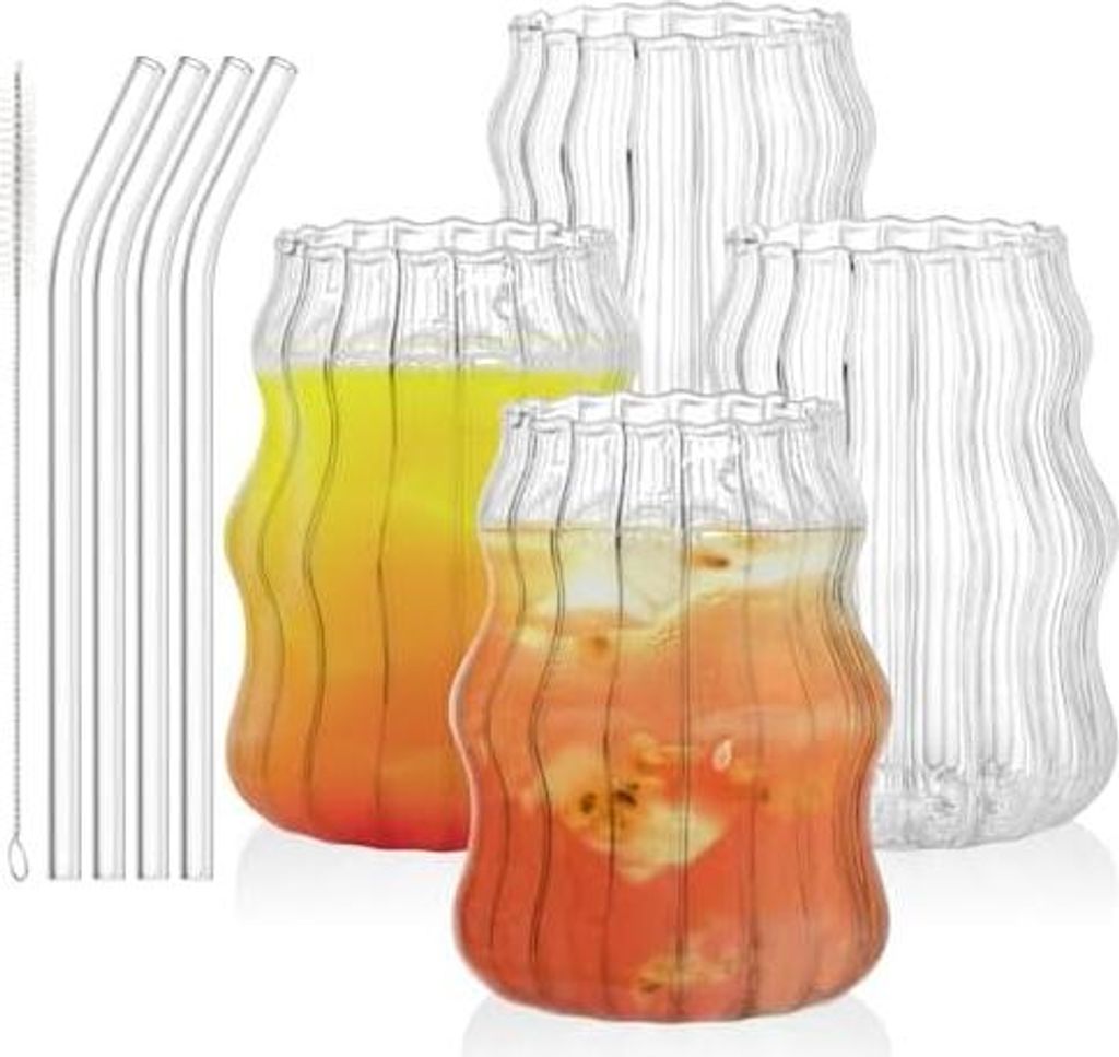 Tebery 4 Stück 480ml Glasbecher mit Strohhalm, 16Oz Vintage Trinkglasware Ripple Cocktailgläser für Eiskaffee Saft Getränk Milch