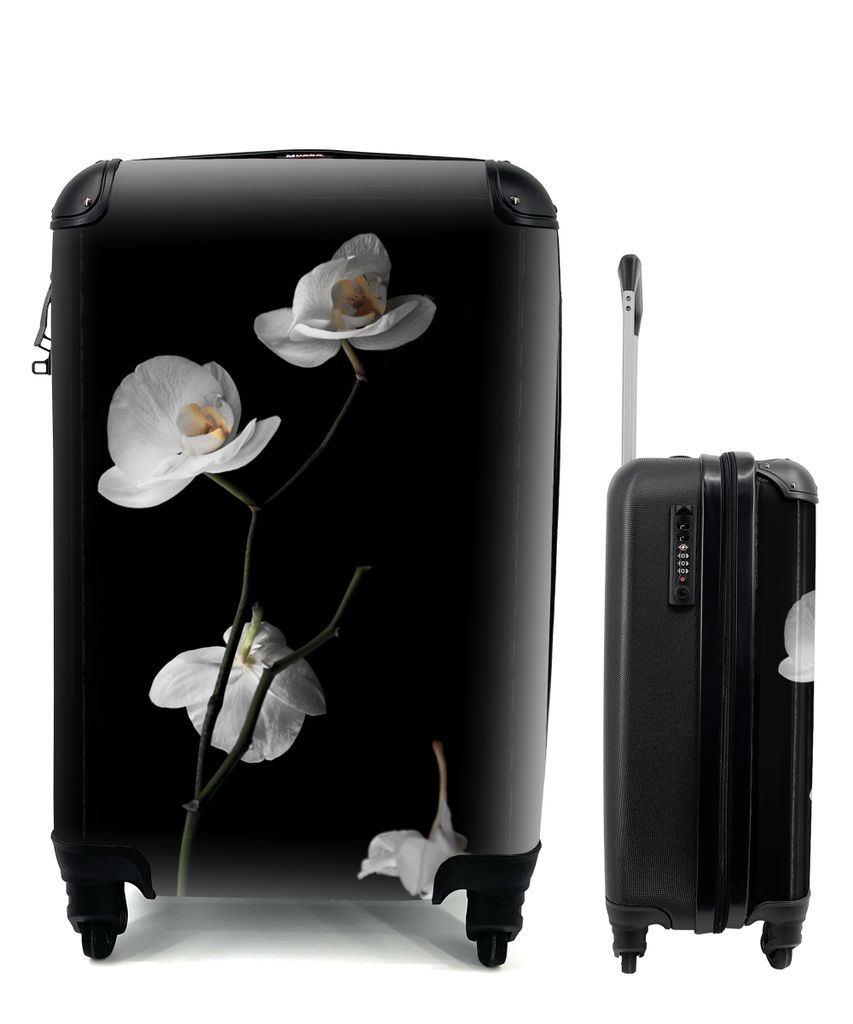 MuchoWow Koffer Handgepäck Trolley Rollkoffer Kleine Reisekoffer mit 4 Rollen - Orchidee - Blumen - Schwarz - Weiß - Stilleben - Cabin Size < 5...