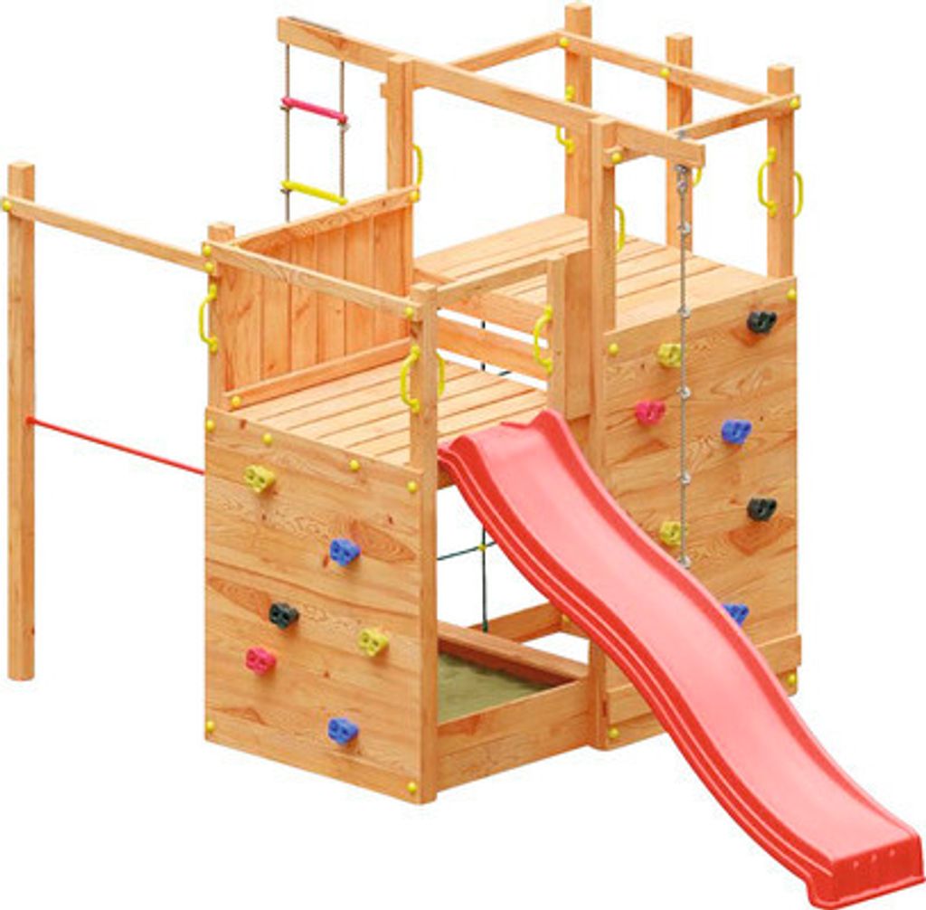 Spielturm Marimex Play 020 mit Leitersprossen, Kletterwand, Klettersteine, Strickleiter, Rutsche, Klettertau