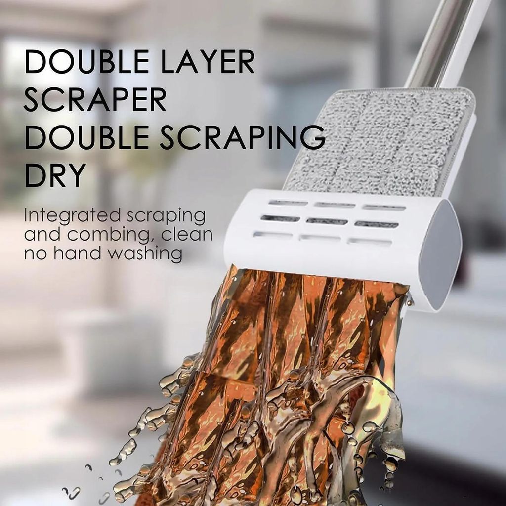 A close-up of a mop head with water being squeezed out, with marketing text overlayed.