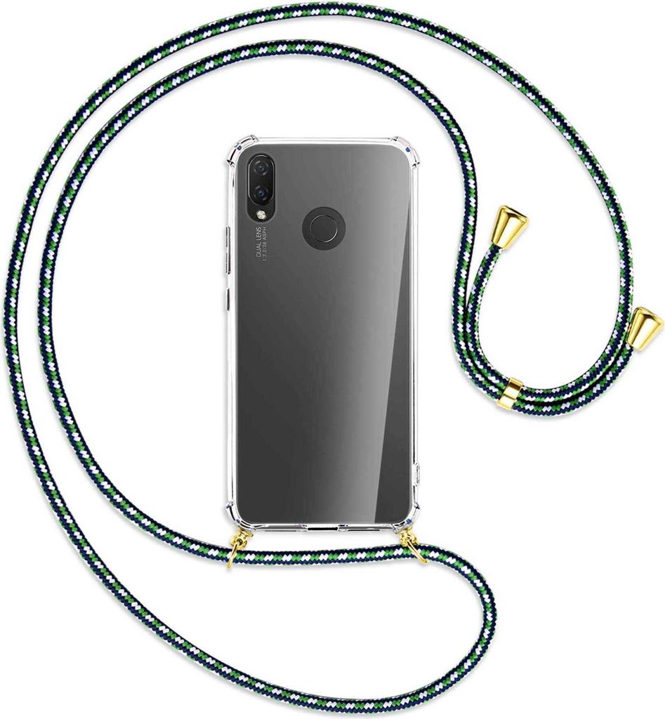 Handykette Backcover-Schutzhülle mit Band (Metall goldfarben) für Huawei P Smart Plus, nova 3 / 3i - grün/blau/weiß
